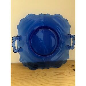 Smith Glass Vintage Mt Pleasant Cobalt Blue ‎ Plate with Handles Scalloped Edge